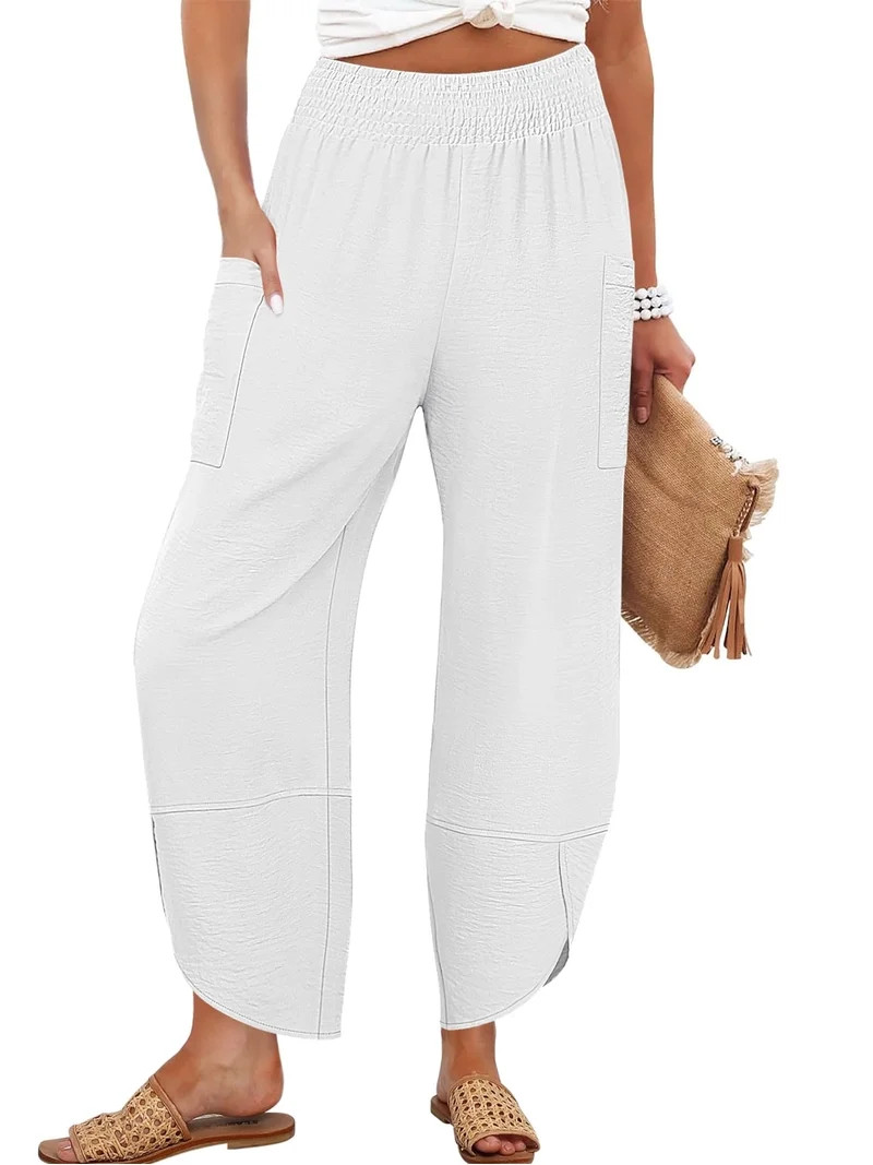ANRABESS Wide Leg Capri Pants for Women Smocked High Waist Cropped Lounge Pants with Deep Pockets... | Walmart (US)