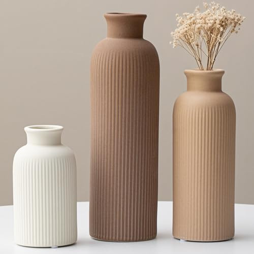 Modern Ceramic Vase Set, Earth Tone Natural Color Ribbed Matte Design, 3-Piece Decorative Vases for Home, Living Room, Office (Coffee Mix) | Amazon (US)