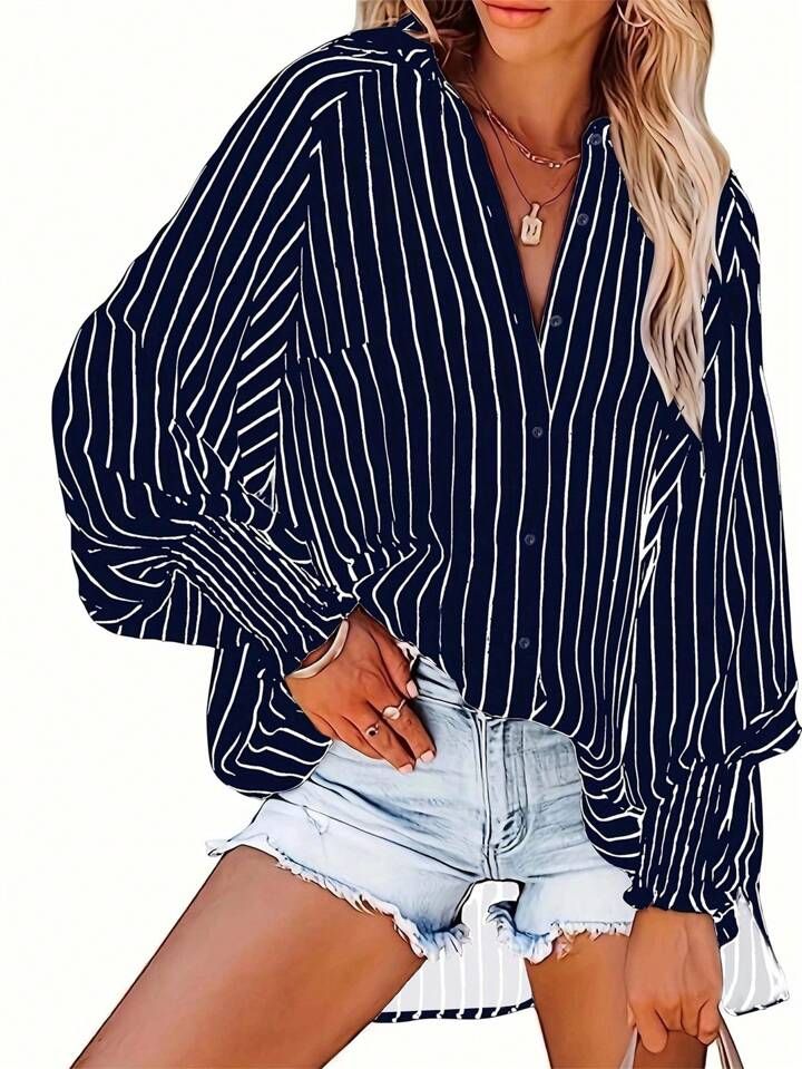 Plus Striped Print Notched Neckline Blouse | SHEIN