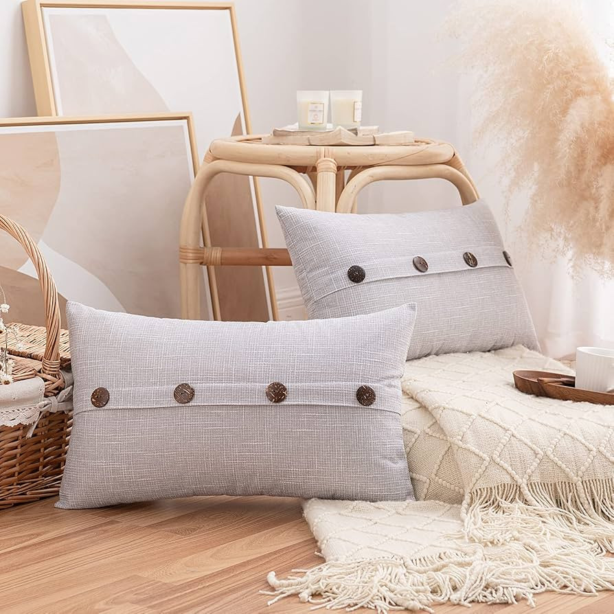 Pack of 2 Burlap Linen Throw Pillow Covers with Buttons, Rustic Farmhouse Decorative Boho Lumbar ... | Amazon (US)