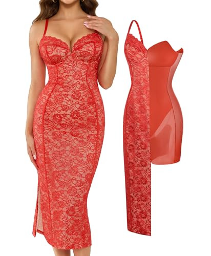 Popilush Lace Cocktail Dress - Women's Shapewear Corset Dress Deep V Neck Sleeveless Formal Wedding Guest Bodycon Midi Dress Burgundy | Amazon (US)