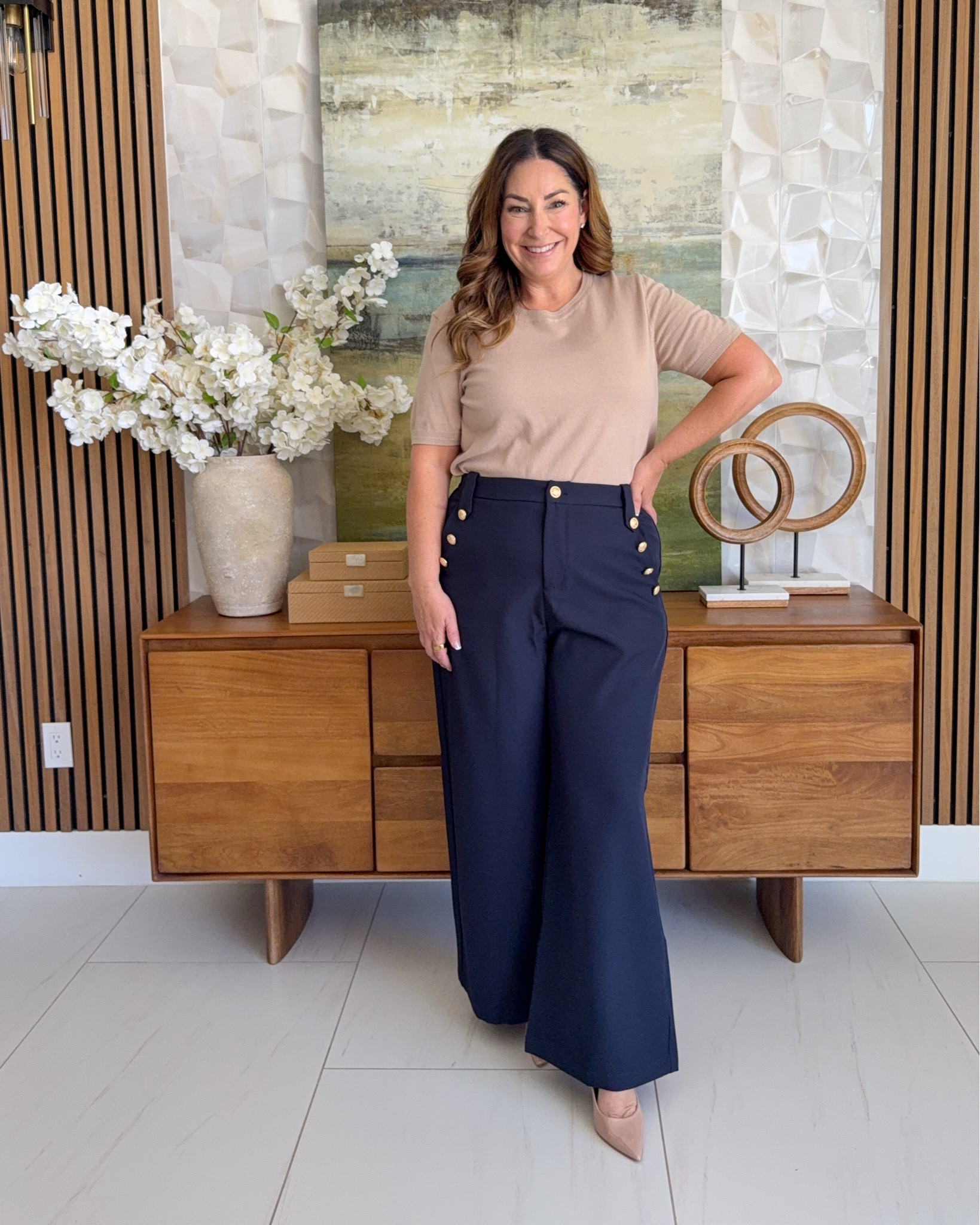 Wide-leg trousers are my love language 💛 These navy sailor pants with gold buttons are SO chic and way more comfortable than they look. Easy workwear win!

📏 Sizing: Top tts, L // Pants size up if in-between, XL 

#LTKstyletip #LTKfindsunder100

#LTKOver40 #LTKOver40 #LTKMidsize #LTKWorkwear
