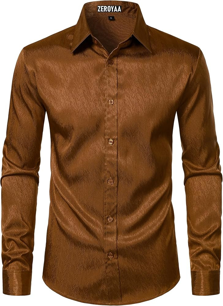 ZEROYAA Mens Shiny Satin Dress Shirts Long Sleeve Button Up Shirts for Party Prom | Amazon (US)