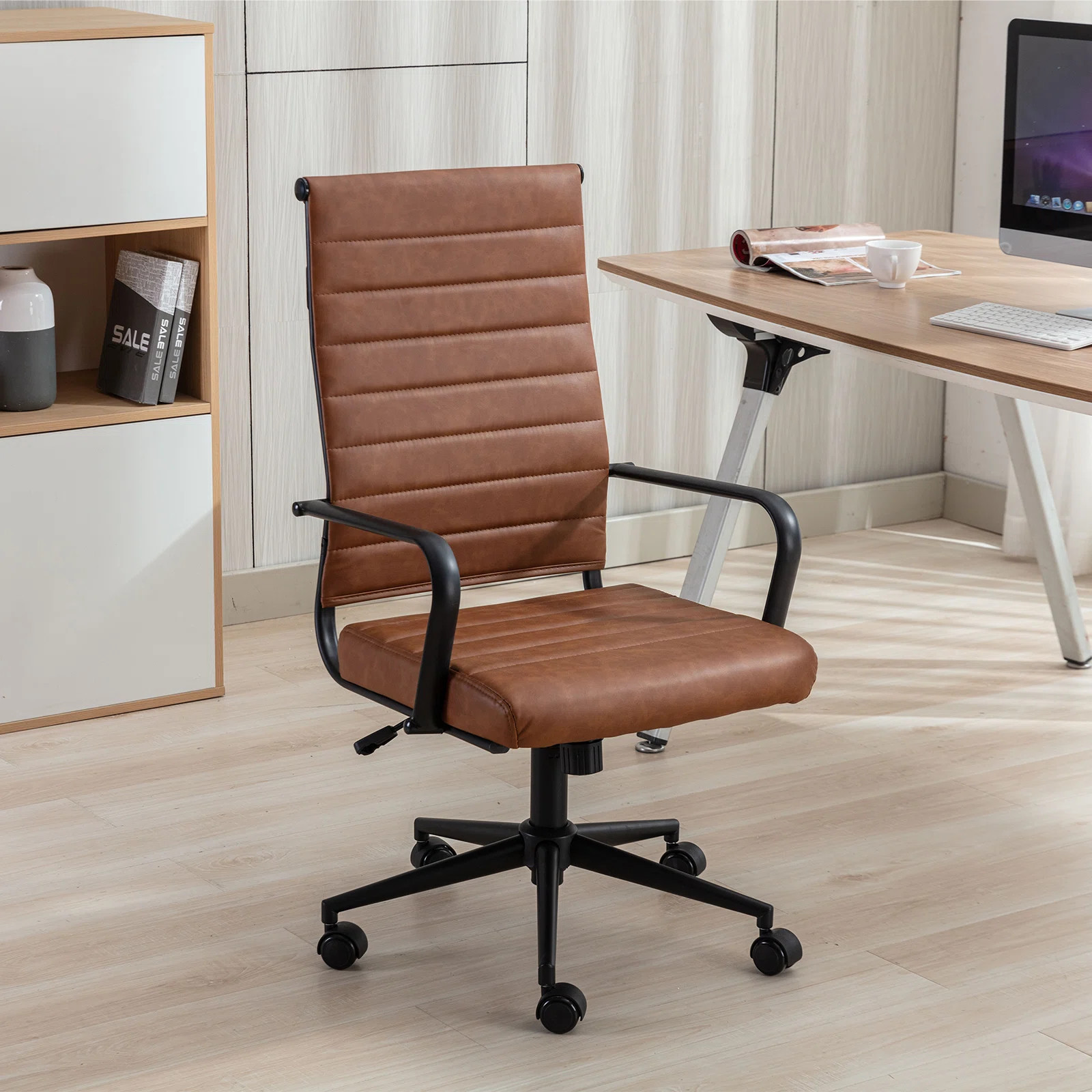 Amaiia Mid-back Ribbed Upholstered Swivel Leather Ergonomic Office Desk Chair, Conference Chair | Wayfair North America