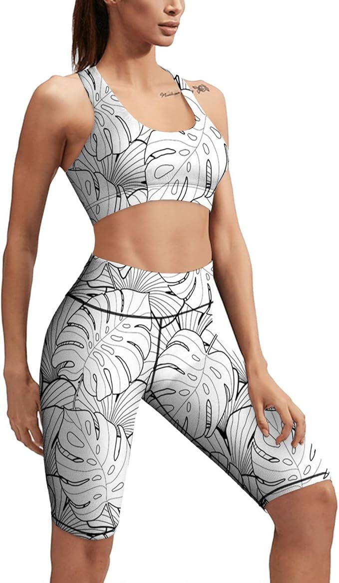 Palm Tree Leaves Subtropical Island Foliage Hot Climate Jungle Rainforest Women Yoga Workout Set ... | Amazon (US)