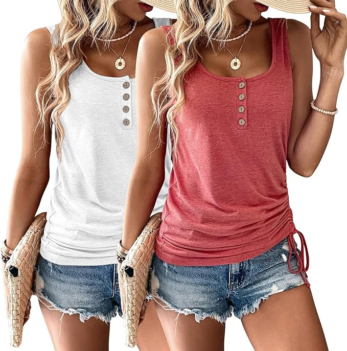Womens Tank Tops, 2 Pack Summer Tank Tops for Women 2025, Sleeveless U Neck Loose Button Casual H... | Amazon (US)