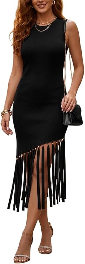 ECHOINE Women Knit Bodycon Midi Dress Sleeveless Ribbed Asymmetrical Fringe Tassel Cocktail Party... | Amazon (US)