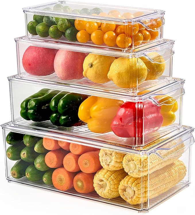 4 Piece Refrigerator Organizer Bins, Clear Fridge Organizers and Storage, Stackable with Lids, Fo... | Amazon (US)