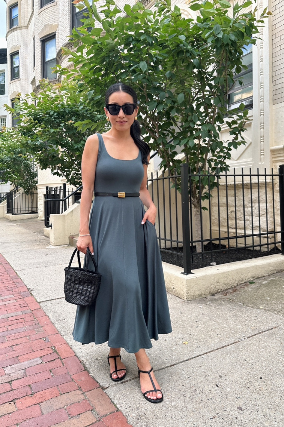 Very soft lightweight jersey knit dress with pockets. Regular bra friendly. Circle skirt that is nice and twirly when you move. Also comes in a shorter length (linked) @onequince #quincepartner 

In size xs - the jersey fabric is so comfy you can lounge in it! 

• edited pieces belt, Madewell sandals, jcrew bag, nordstorm BP sunnies 

#LTKSeasonal #LTKfindsunder100