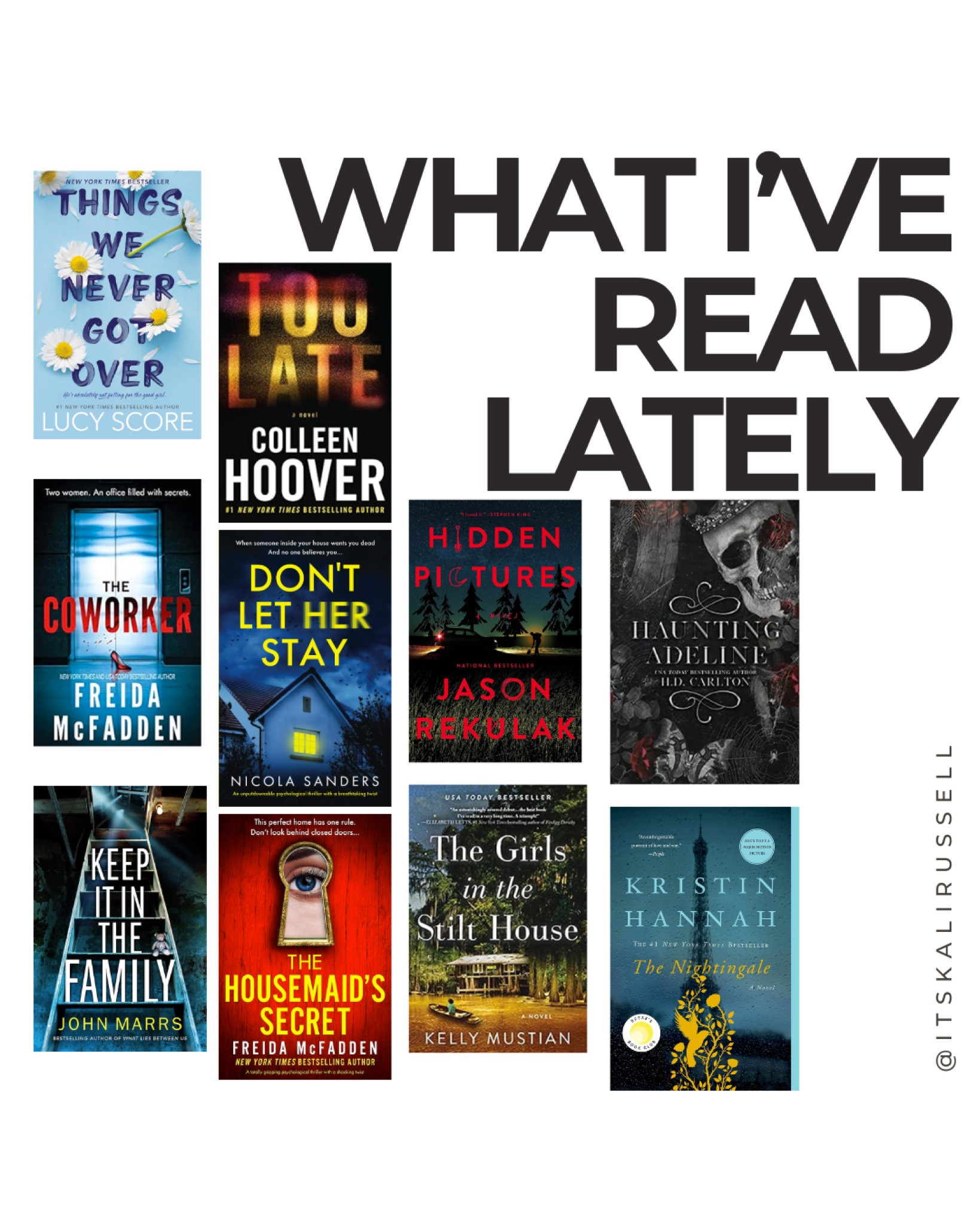 Some of the great books I’ve read lately! I do a mix of kindle and paper copies when reading. These were all really good!
Psychological Thriller 
Romance 
Memoir 
Historical Fiction 

#LTKGiftGuide #LTKfindsunder50 #LTKU