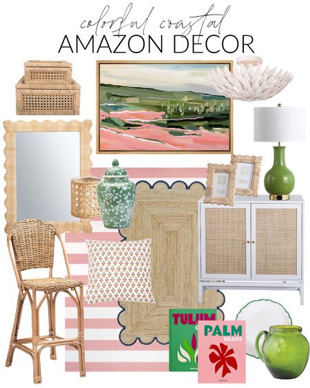 Loving these colorful coastal decor items from Amazon! Includes a scalloped rattan mirror, pink striped rug, scalloped rug, rattan cabinet, block print pillow, cane boxes, woven counter stool, green ginger jar, colorful travel books, Palm Beach decor style, colorful abstract art, white scalloped light fixture, green lamp and more!
.
#ltkhome #ltksalealert #ltkunder50 #ltkunder100 #ltkstyletip #ltkseasonal #ltkgiftguide

#LTKSeasonal #LTKunder100 #LTKhome
