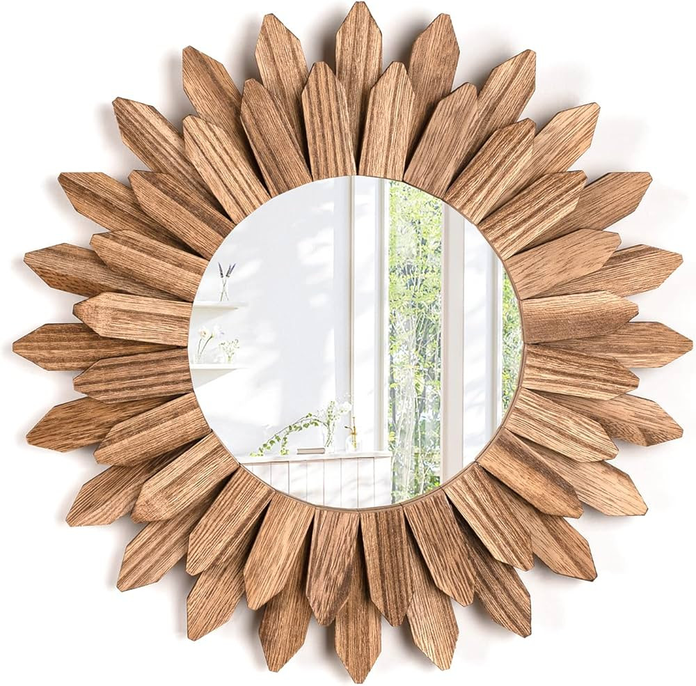 Emfogo Wall Mirror 12 inch Rustic Wood Farmhouse Mirror Sunburst Boho Mirror Wall Decor Room Deco... | Amazon (US)