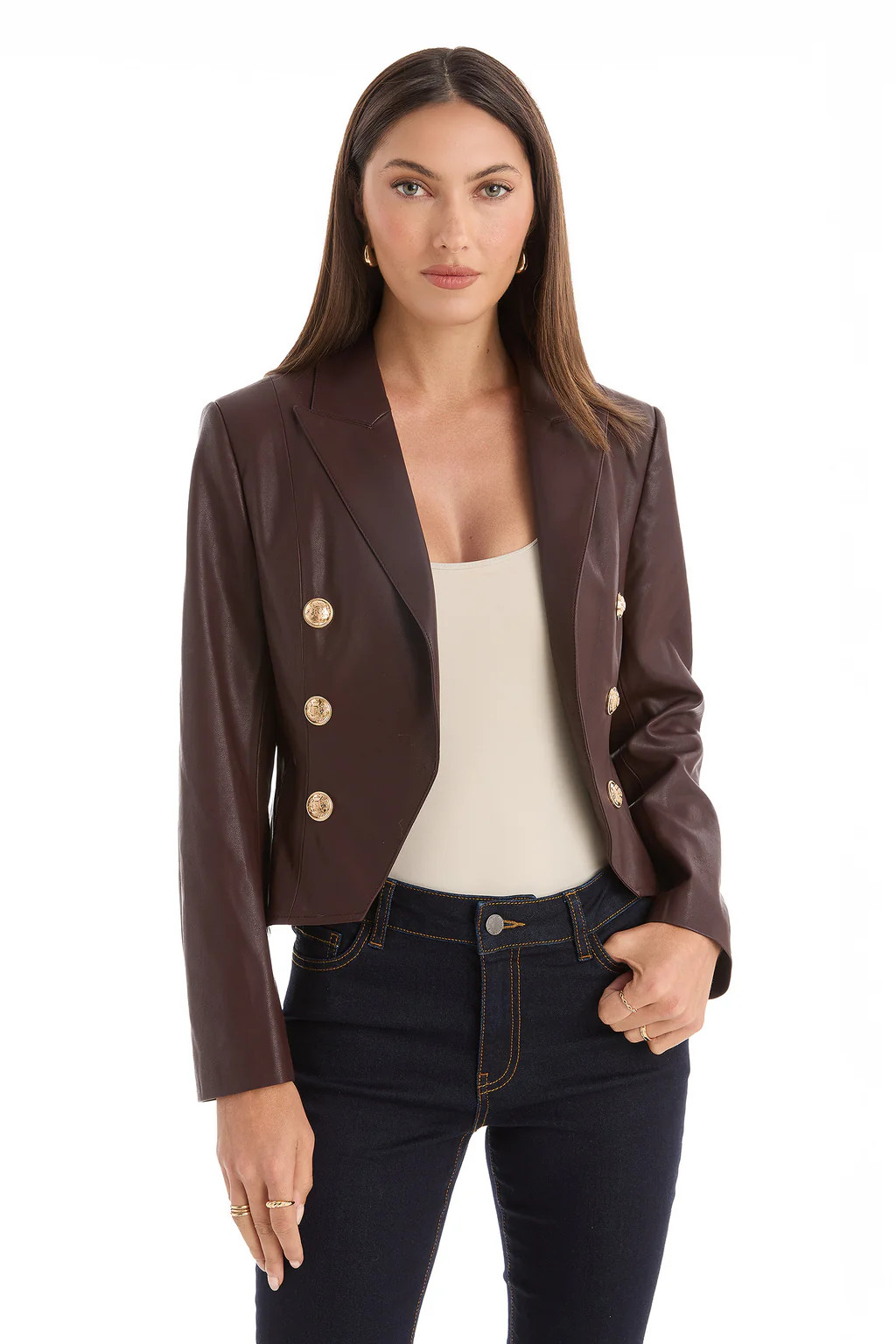 Gabrielle Leather Double Breasted Blazer - Espresso | The Noli Shop