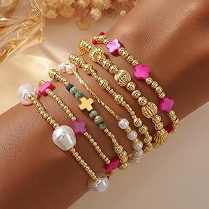 Dainty Cross Clover Gold Beaded Pearl Bracelet Stack for Women,Handmade Boho Gold Plated Beads St... | Amazon (US)