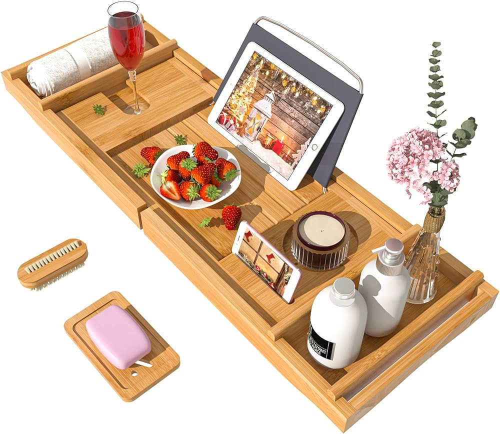 Bath Caddy Tray for Bathtub - Bamboo Adjustable Organizer Tray for Bathroom with Free Soap Dish S... | Amazon (US)