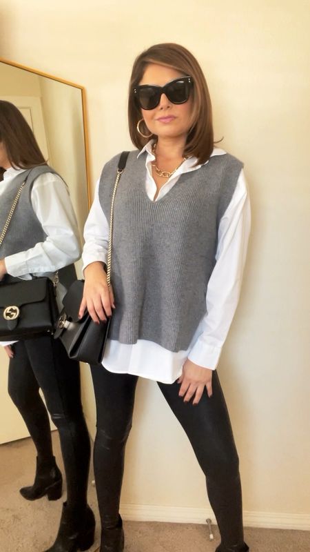Styling a knit sweater vest with some spanx leggings, gold jewelry, booties and a white button up shirt. 


#LTKstyletip #LTKSeasonal #LTKunder50