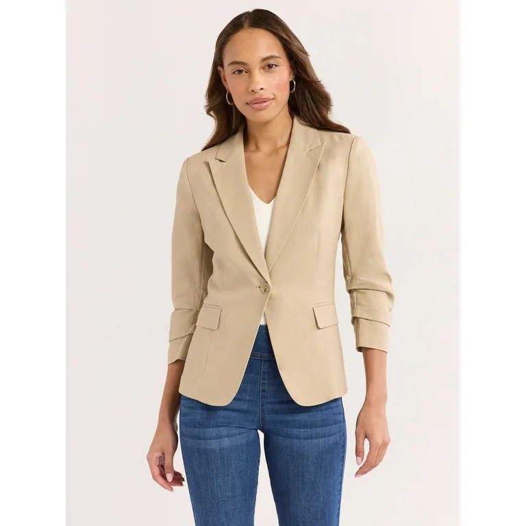 Sofia Jeans Women's Linen Blend Blazer with Scrunch Sleeves, Sizes XS-4X | Walmart (US)