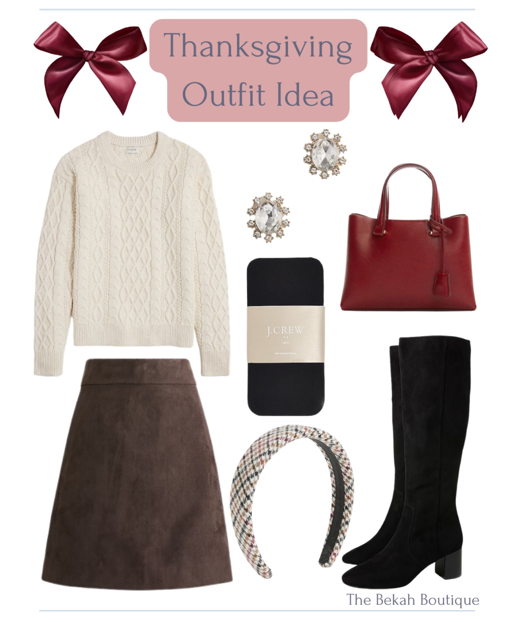 Thanksgiving, thanksgiving outfit, holiday, party, fall, fall fashion, cream cable knit crew neck sweater, j. Crew factory, sparkly oval gem earrings, red top handle handbag, affordable, inexpensive, under $100, tights, plaid puff headband, brown faux suede mink skirt, tall black heeled boots, affordable thanksgiving outfit 

#LTKSeasonal #LTKfindsunder100 #LTKHoliday