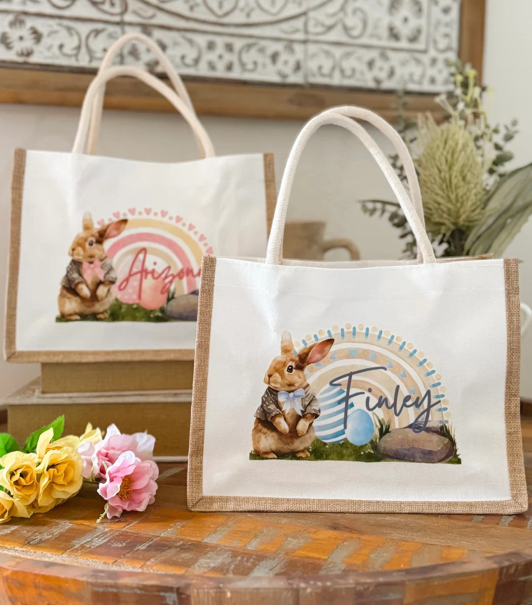Personalised Easter Gift Bag Name Basket Bunny Rabbit Egg Holder Kids Blue Pink - Etsy Australia | Etsy (AU)