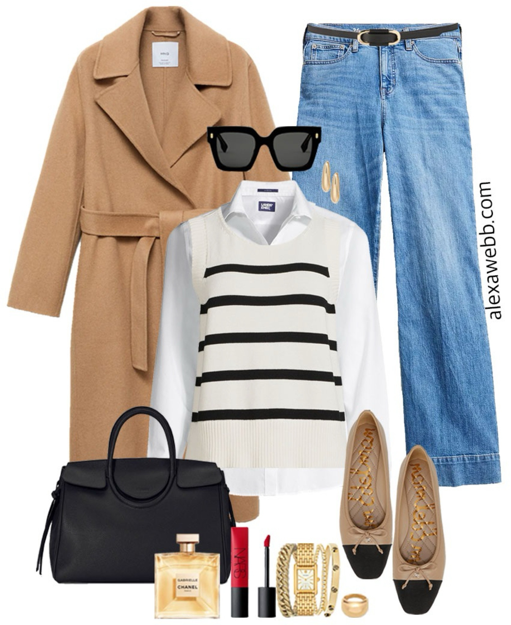 Plus Size Striped Sweater Vest Outfits - A plus size casual outfit for winter into spring with a striped sweater vest, camel coat, flare jeans, and ballet flats. Alexa Webb #plussize

#LTKOver40 #LTKStyleTip #LTKPlusSize