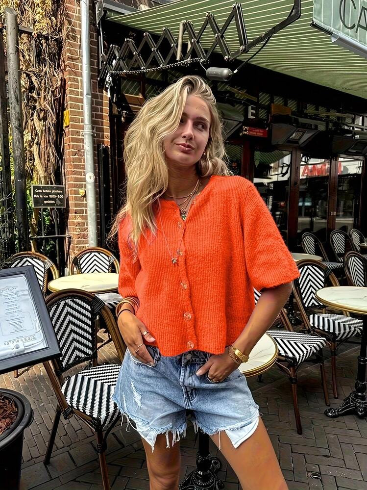 Women's Knitted V-Neck Short-Sleeved Cardigan With Front Button Decoration, Simple, Fashionable A... | SHEIN