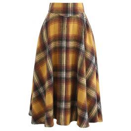 Multicolor Check Print Wool-Blend A-Line Skirt in Mustard | Chicwish