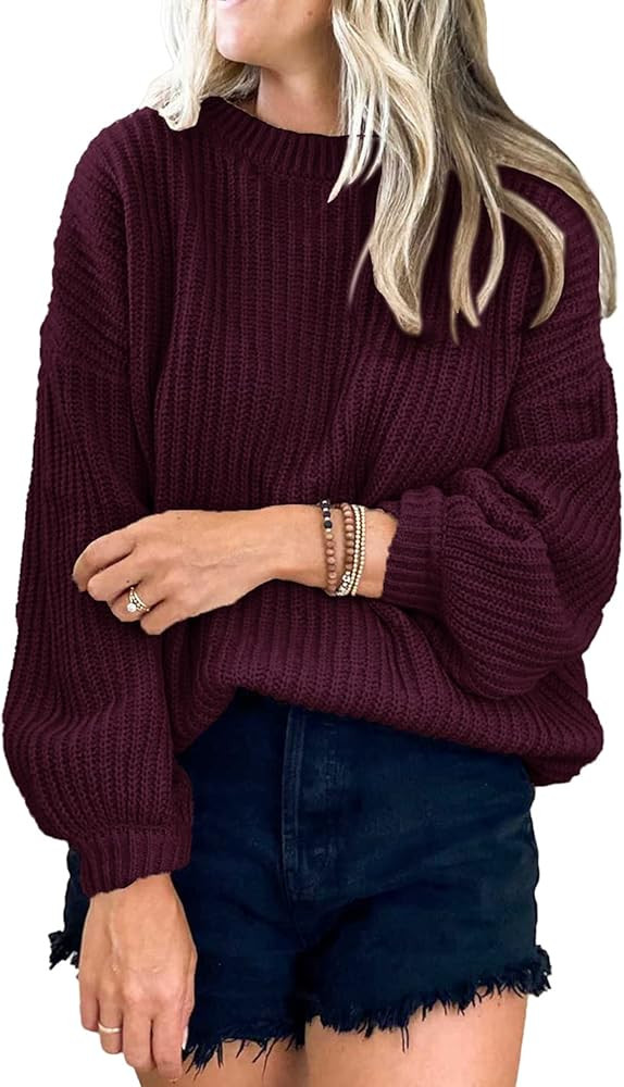 PRETTYGARDEN Women's Crew Neck Loose Drop Shoulder Lantern Sleeve Casual Solid Color Knit Pullover S | Amazon (US)