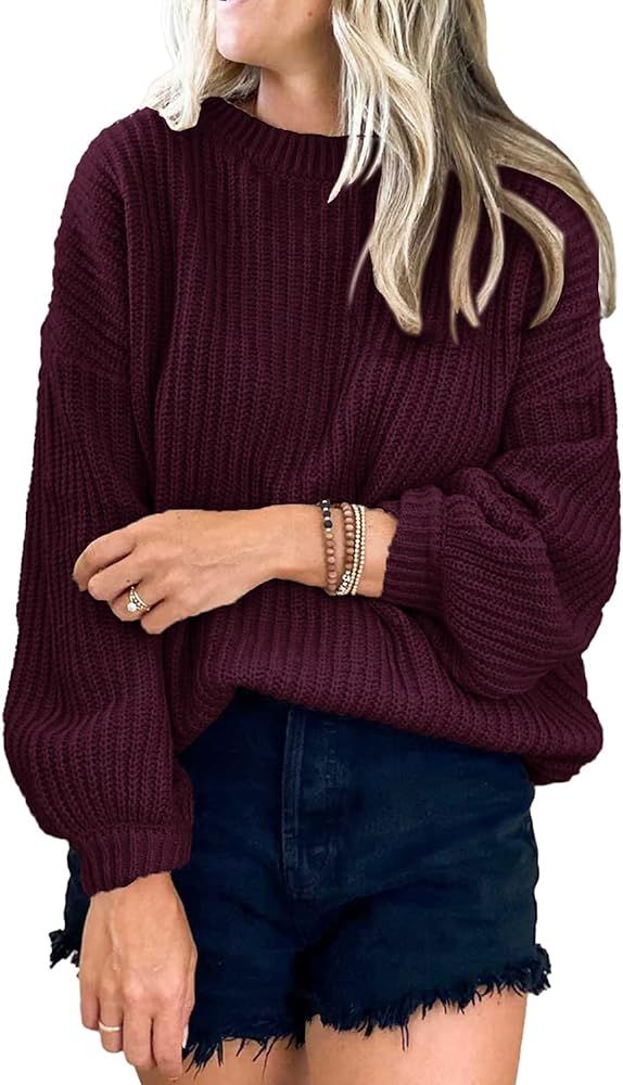 PRETTYGARDEN Women's Crew Neck Loose Drop Shoulder Lantern Sleeve Casual Solid Color Knit Pullover S | Amazon (US)