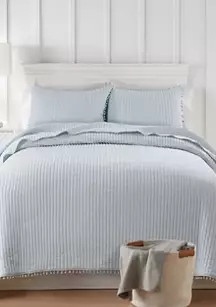 Crown & Ivy™ Core Blue Pom Reversible Quilt Set | Belk