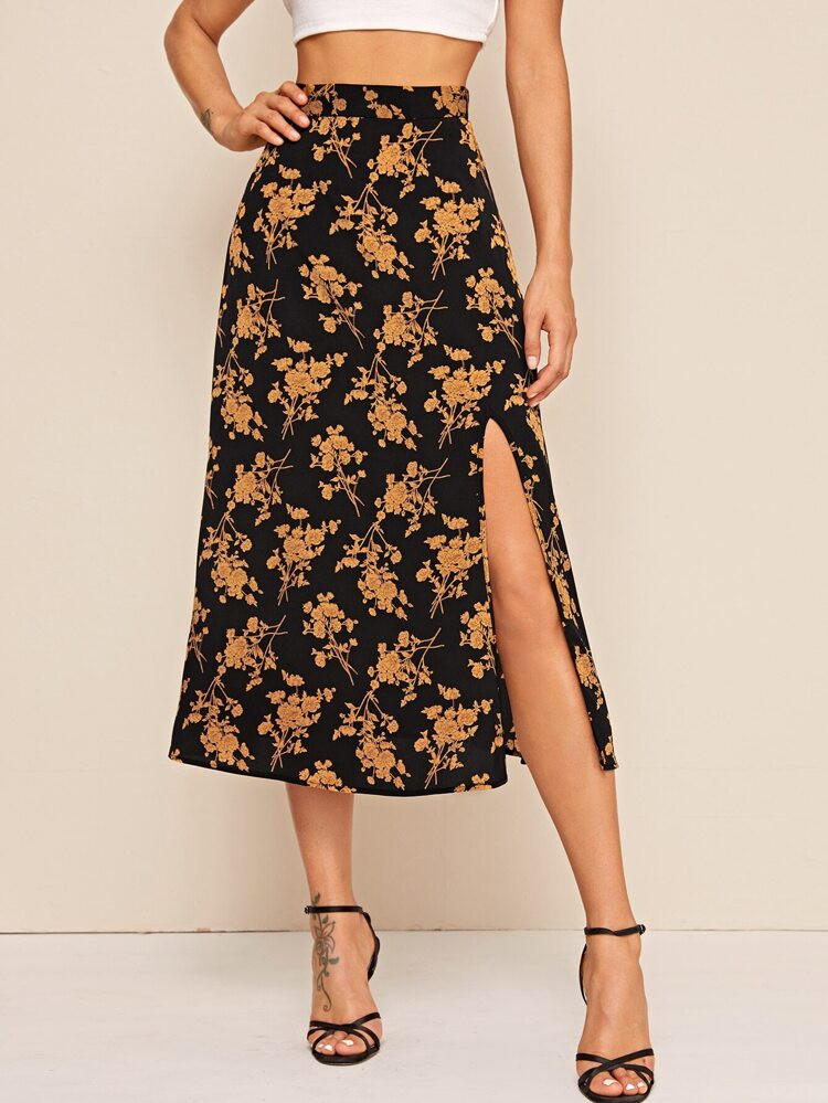 SHEIN Split Thigh Floral Print Skirt | SHEIN