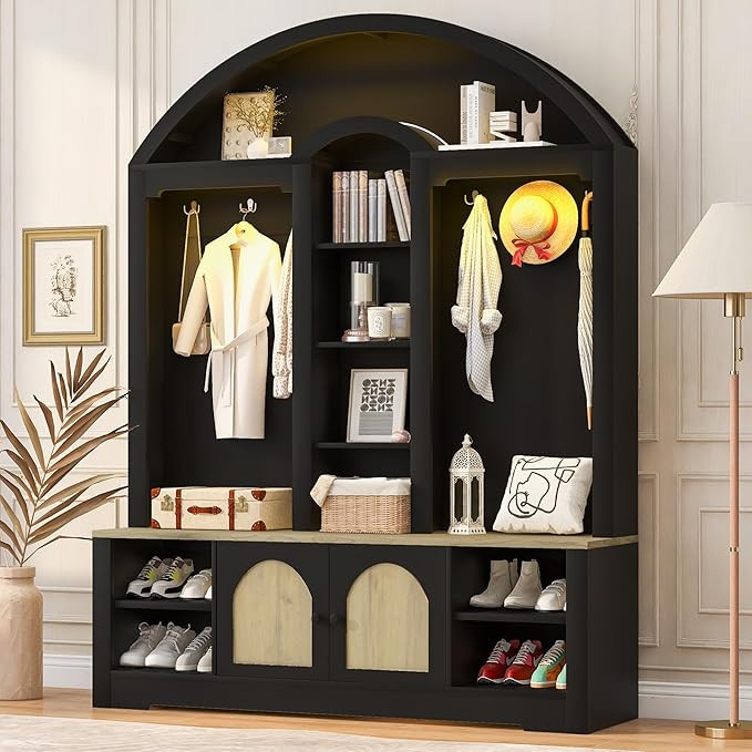 Modern Curved Hall Tree with Shoe Racks, Clothes Hangers and Hooks, Multi-Functional Storage for ... | Amazon (US)