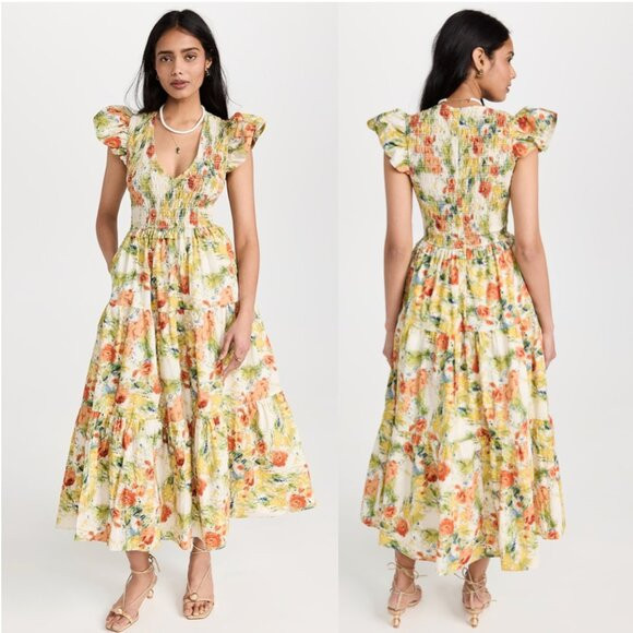 NEW Evereve O.P.T. Phoebe Multicolor Floral Ruffle Cap Sleeve Midi Dress - M | Poshmark
