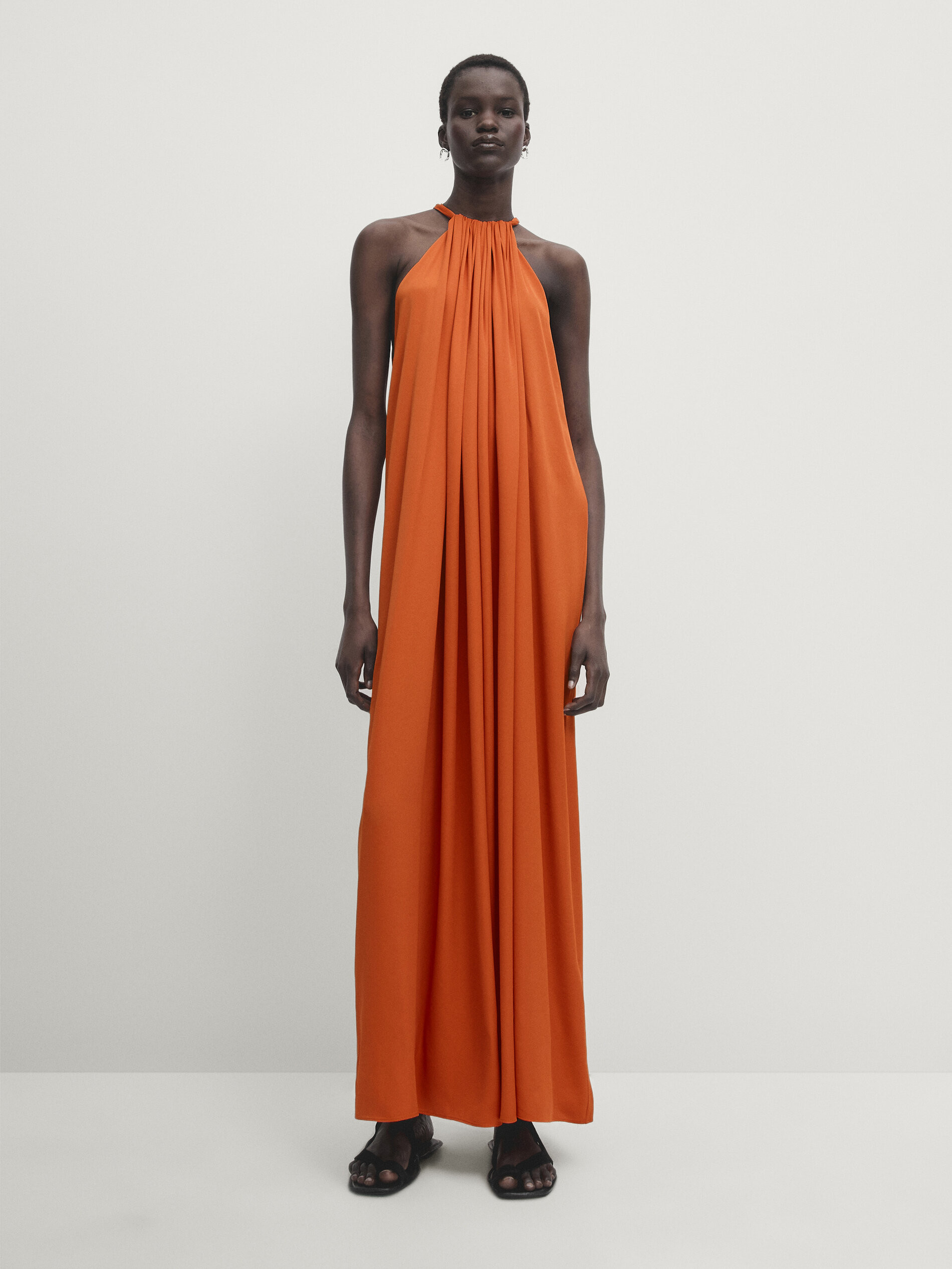 Dress with gathered neckline and back tie | Massimo Dutti US