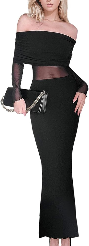Women's Sexy Mesh Dresses Long Sleeve Slim Fit Elegant Sheer Maxi Dress Party Club Night Out Even... | Amazon (US)