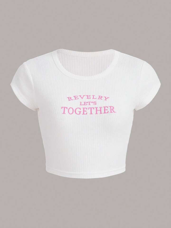 SHEIN ICON Slogan Embroidery Crop Tee | SHEIN