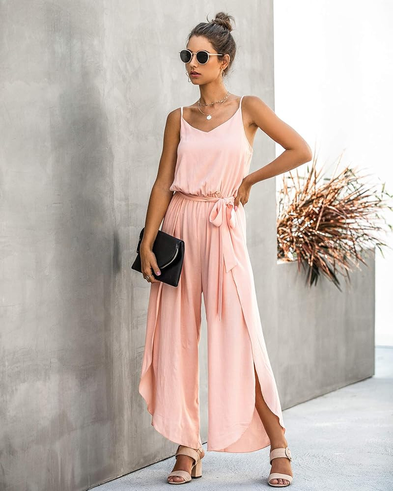 ECOWISH Womens Jumpsuit Spaghetti Strap Wide Leg Split Jumpsuits Long Overalls Summer Beach Loose Fi | Amazon (US)