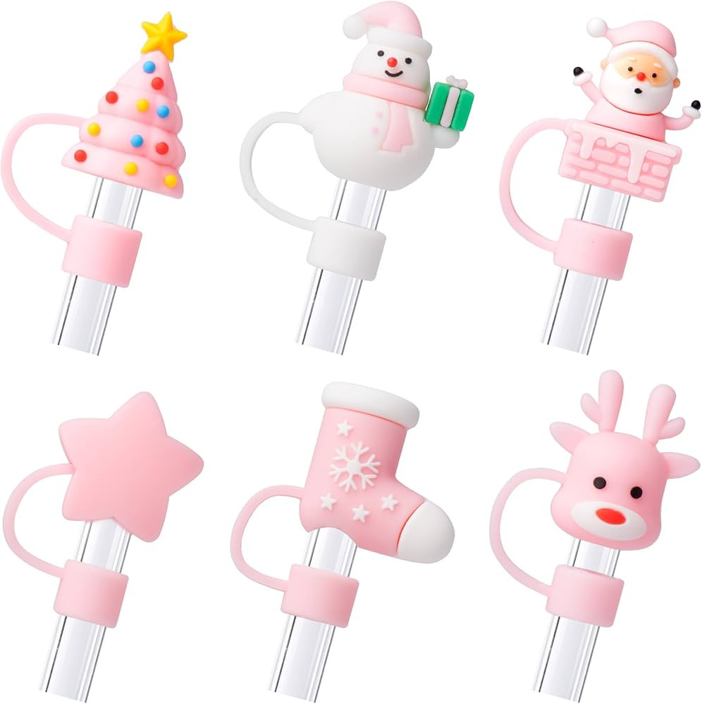 6Pcs Christmas Pink Straw Cover Cap for Stanley Cup 40oz/30oz Tumbler, 10mm Reusable Cute Drinkin... | Amazon (US)