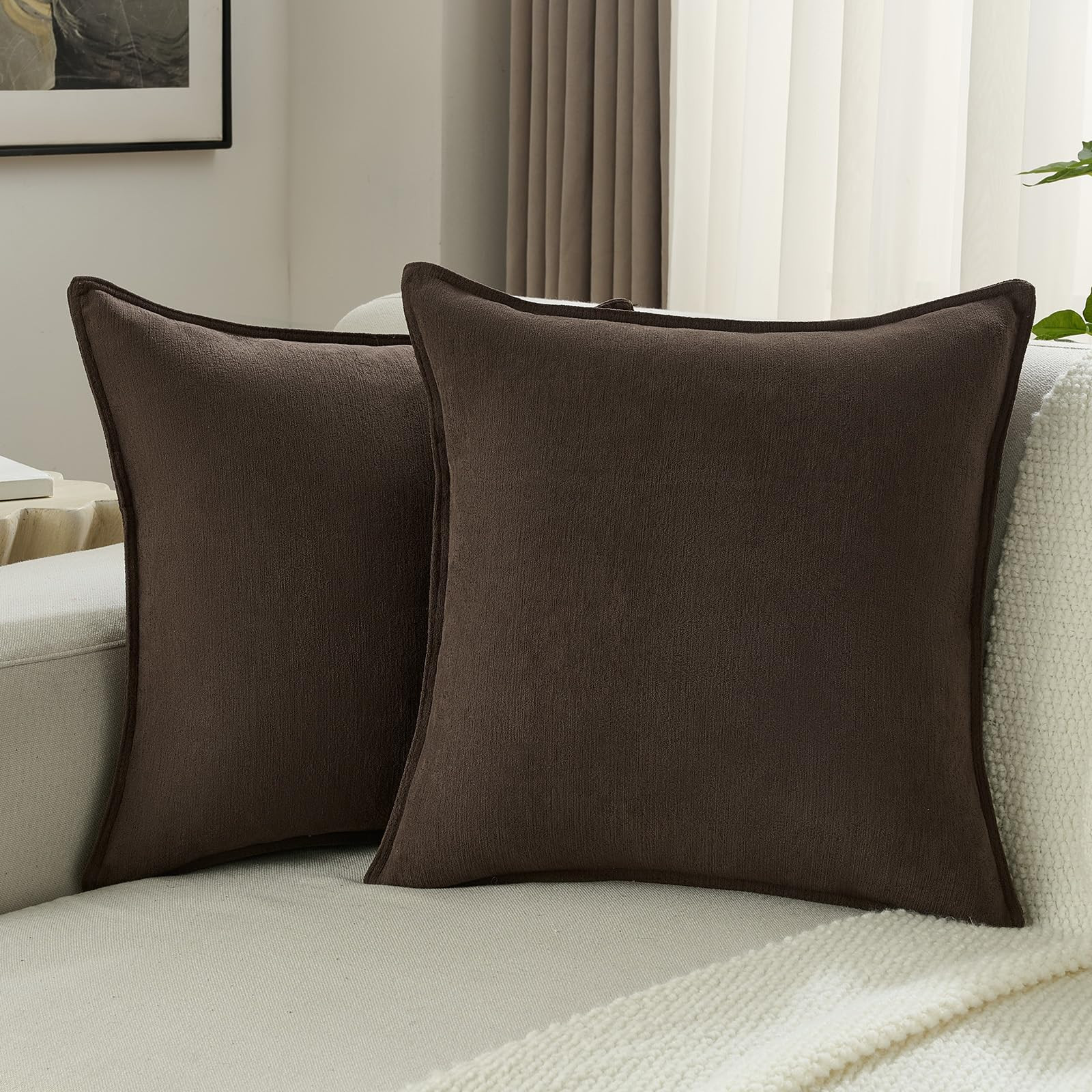 FUTEI Dark Coffee Chenille Throw Pillow Covers 18x18 Inch Set of 2,Edges Double-Stitched Cushion ... | Amazon (US)