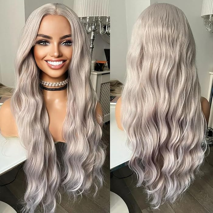 ELESTY Long Wavy Silver Grey Hair Synthetic Lace Front Wigs for Women Loose Curly Free Part Gluel... | Amazon (US)