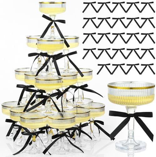 Set of 24 Plastic Champagne Coupe Glasses with Bows 7 oz Gold Champagne Tower Set Unbreakable Acr... | Amazon (US)