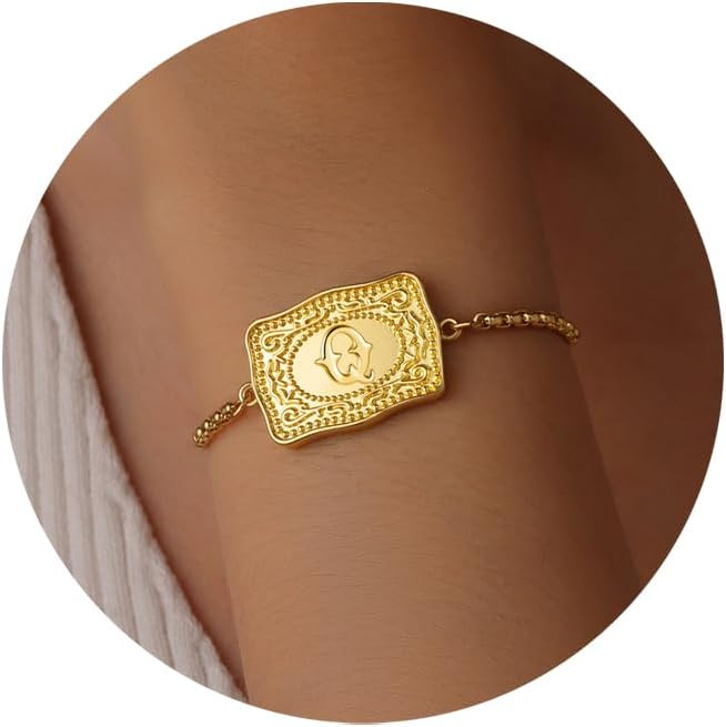 Gold Silver Initial Bracelet for Women, 18K Gold Plated Mini Belt Buckle Initial Bracelet, Letter... | Amazon (US)