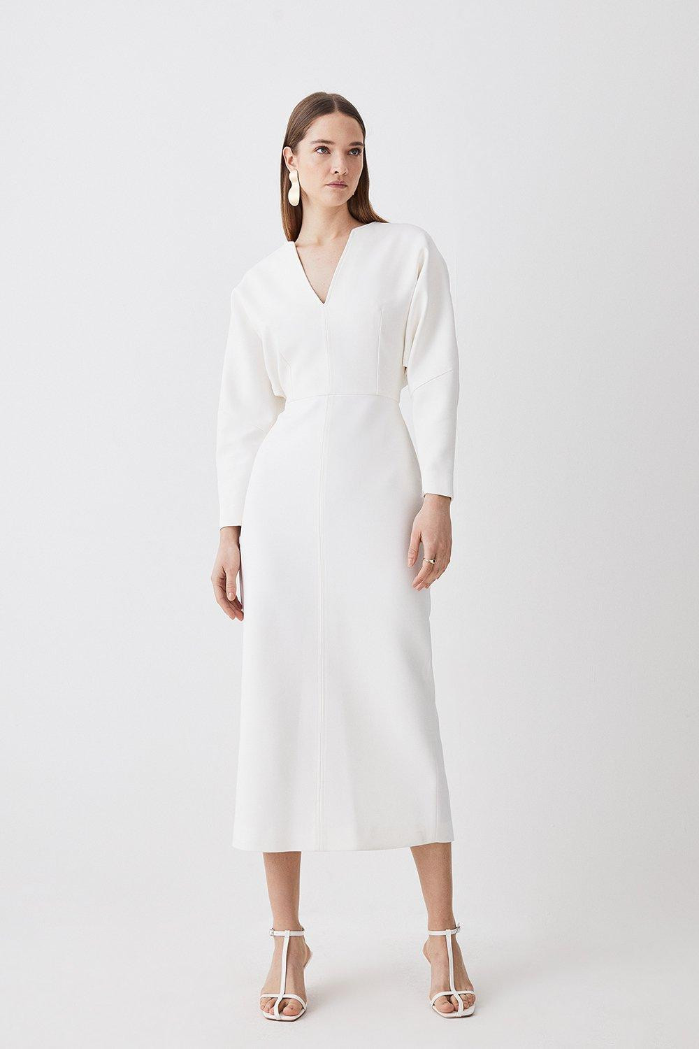 Compact Stretch Seamed Detail Rounded Sleeve Midi Dress | Karen Millen UK + IE + DE + NL