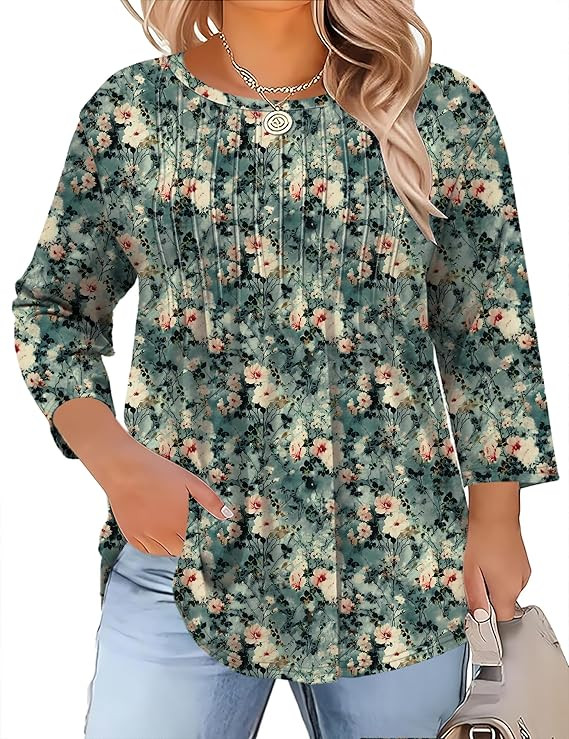 TFSDOD Womens Plus Size Tops 3/4 Length Sleeve Womens Tops Crewneck Pleated Boho Tunic Casual Shi... | Amazon (US)