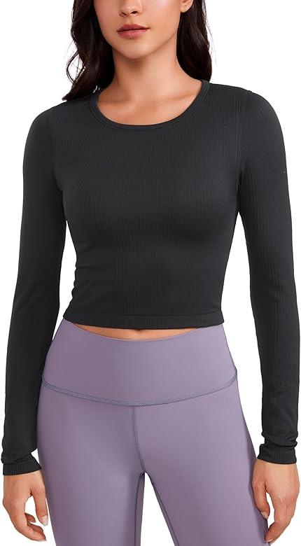 CRZ YOGA Seamless Ribbed Double Lined Long Sleeve Crop Tops for Women Crew Neck Athletic Workout ... | Amazon (US)