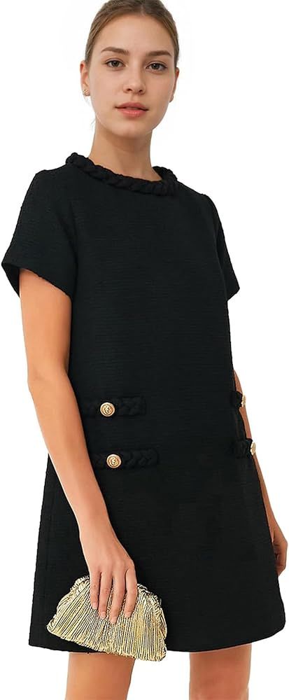 SeeLuNa Women's Tweed Dress Short Sleeve Crew Neck A-line Party Vintage Mini Skirt Causal Dresses | Amazon (US)