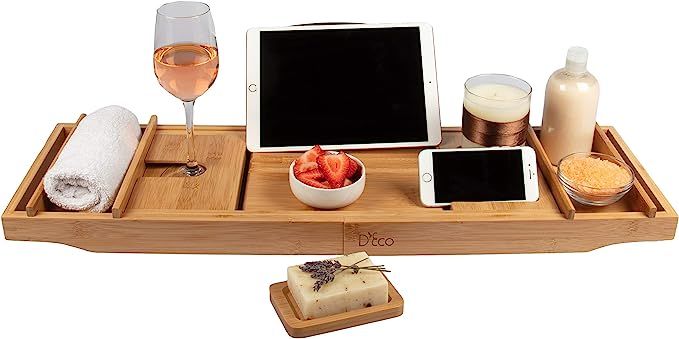 Deco 79 Luxury Bamboo Bathtub Caddy Tray with Book and Wine Holder, Extends up to 43" with Non Sl... | Amazon (US)