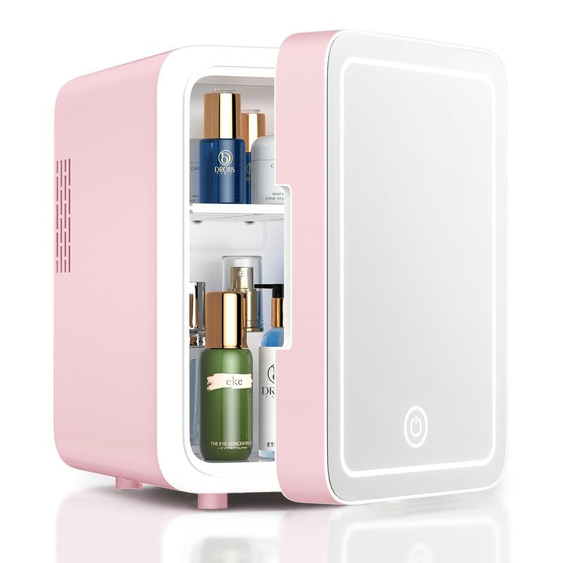 Skincare Fridge With Dimmable LED Light Mirror, 4L Makeup Mini Fridge for Bedroom, Car, Office & Dorm, Cooler & Warmer, Portable Small Refrigerator for Cosmetics, Skin Care and Food, Pink | Amazon (US)