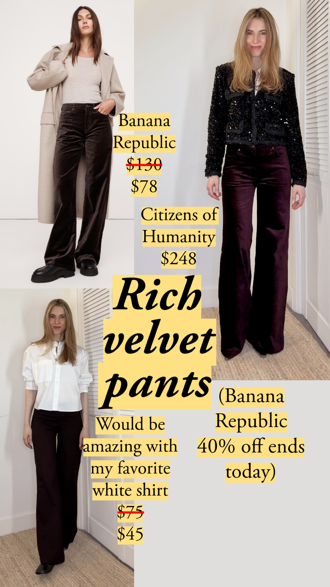 Party and party-adjacent picks from Banana Republic!

I’m wearing the Citizens of Humanity Lolli velvet pants in size 26 with the sequin Mango jacket size small (but the J.Crew one is more precisely done).

My cropped white shirt is size small
Wide ponte pants size XS, I went down a size for a tighter fit. 

My size: 5’7”, usually 26 jeans, 0-4 in US sizes.
#LTKParties #LTKFindsUnder50 #classicstyle #affordableluxury

#LTKWatchNow #LTKGiftGuide #LTKHoliday