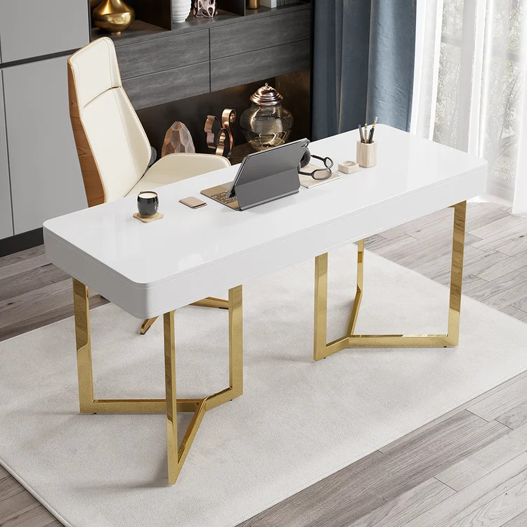 2-Drawers White Office Desk 63" Modern Writing Desk Gold Tripod Base Stainless Steel | Homary