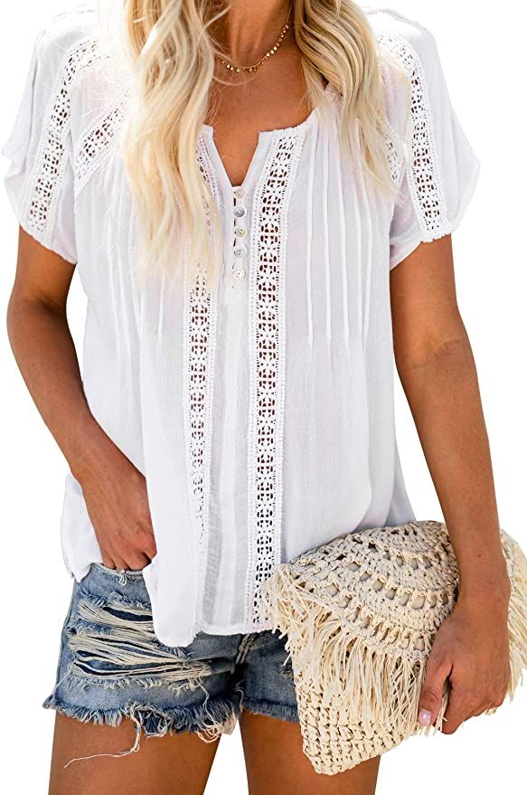 Dokotoo Women's V Neck Lace Crochet Eyelet Tops Short Sleeve Casual Shirts Blouses | Amazon (US)